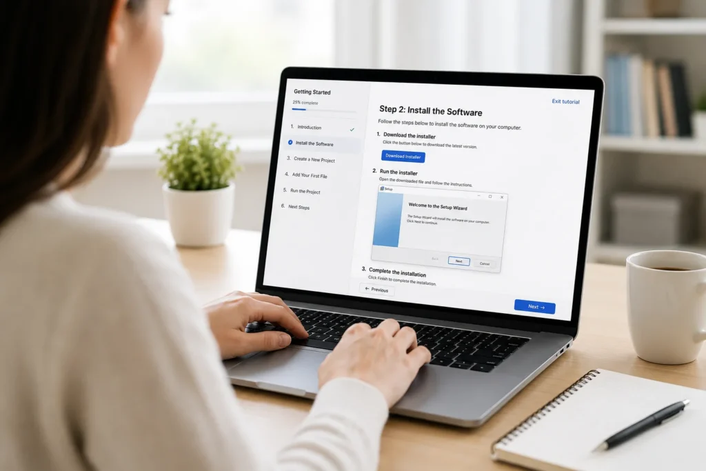 A person following a step-by-step software tutorial on a laptop, clean bright background, professional A person following a step-by-step software tutorial on a laptop, clean bright background, professional