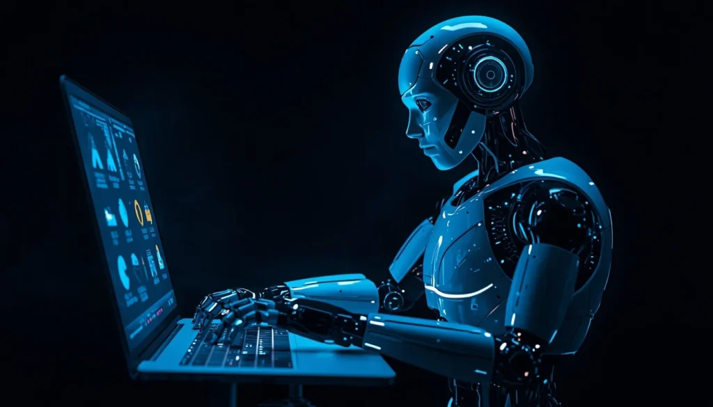 lucid origin a futuristic ai robot using digital tools on a glowing screen dark background te 0 lucid origin a futuristic ai robot using digital tools on a glowing screen dark background te 0