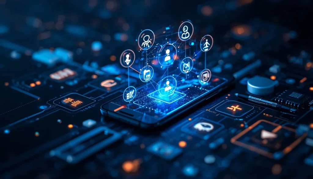Digital technology tips concept, smartphone and gadgets with glowing icons, dark tech background Digital technology tips concept, smartphone and gadgets with glowing icons, dark tech background