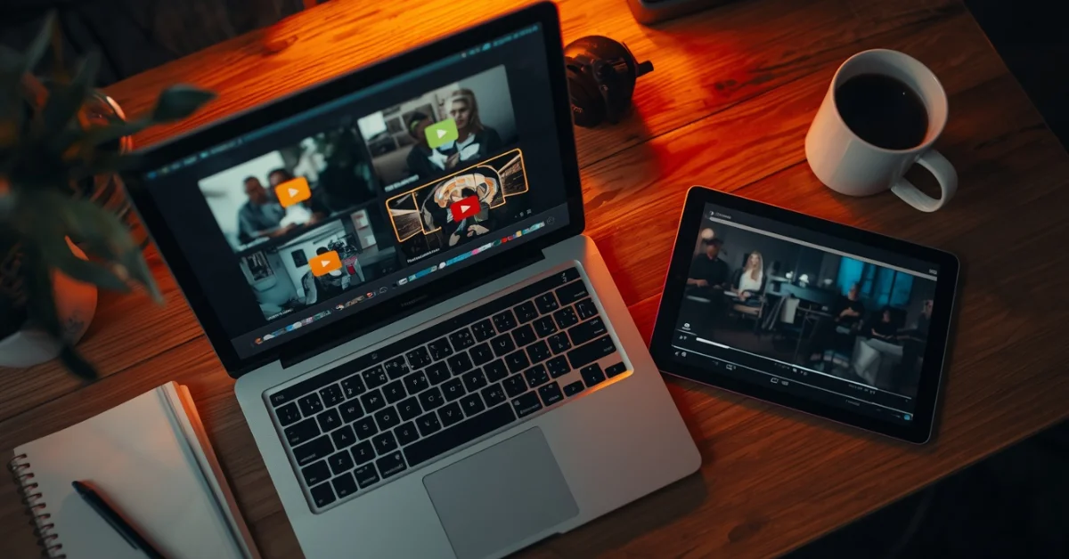 content creators desk with multiple ai video generation previews on laptop and tablet screens