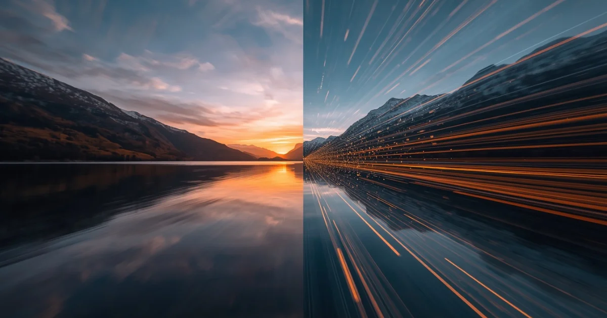 still photo transforming into ai generated video with motion blur and light trails